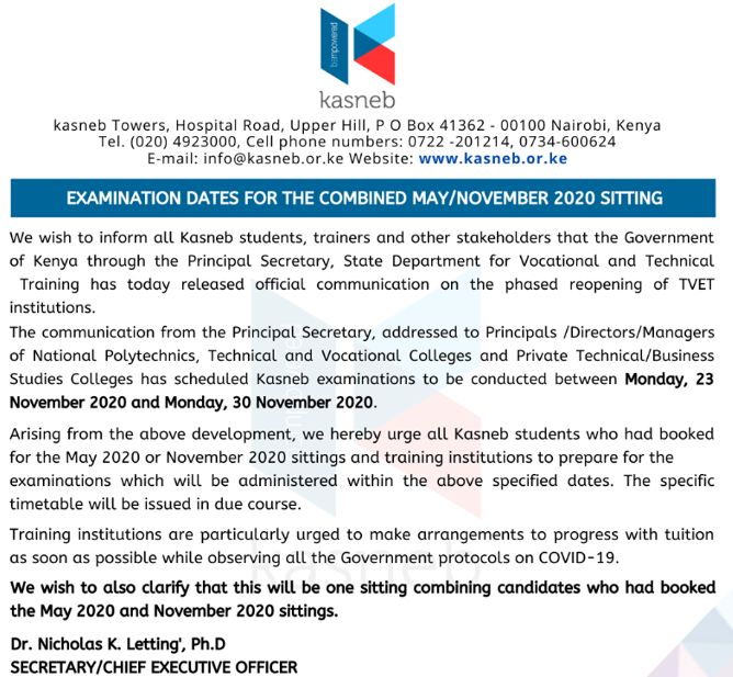 Kasneb examinations to be conducted between Monday, 23 November 2020 and Monday, 30 November 2020