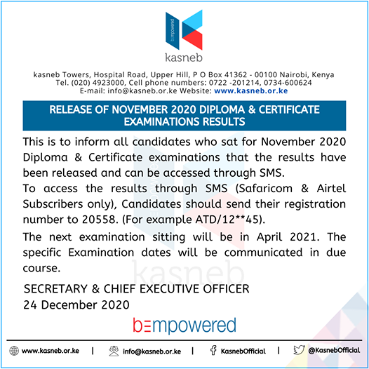 RELEASE OF NOVEMBER 2020 DIPLOMA & CERTIFICATE EXAMINATIONS RESULTS
