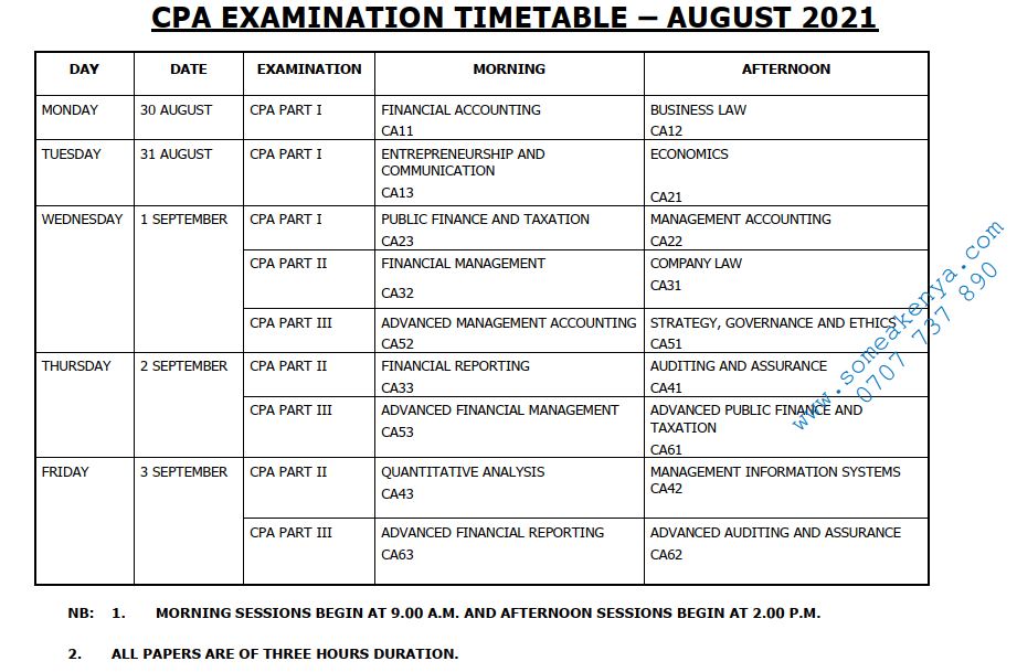 KASNEB August 2021 Examinations Timetables KASNEB CPA ATD CS CCP