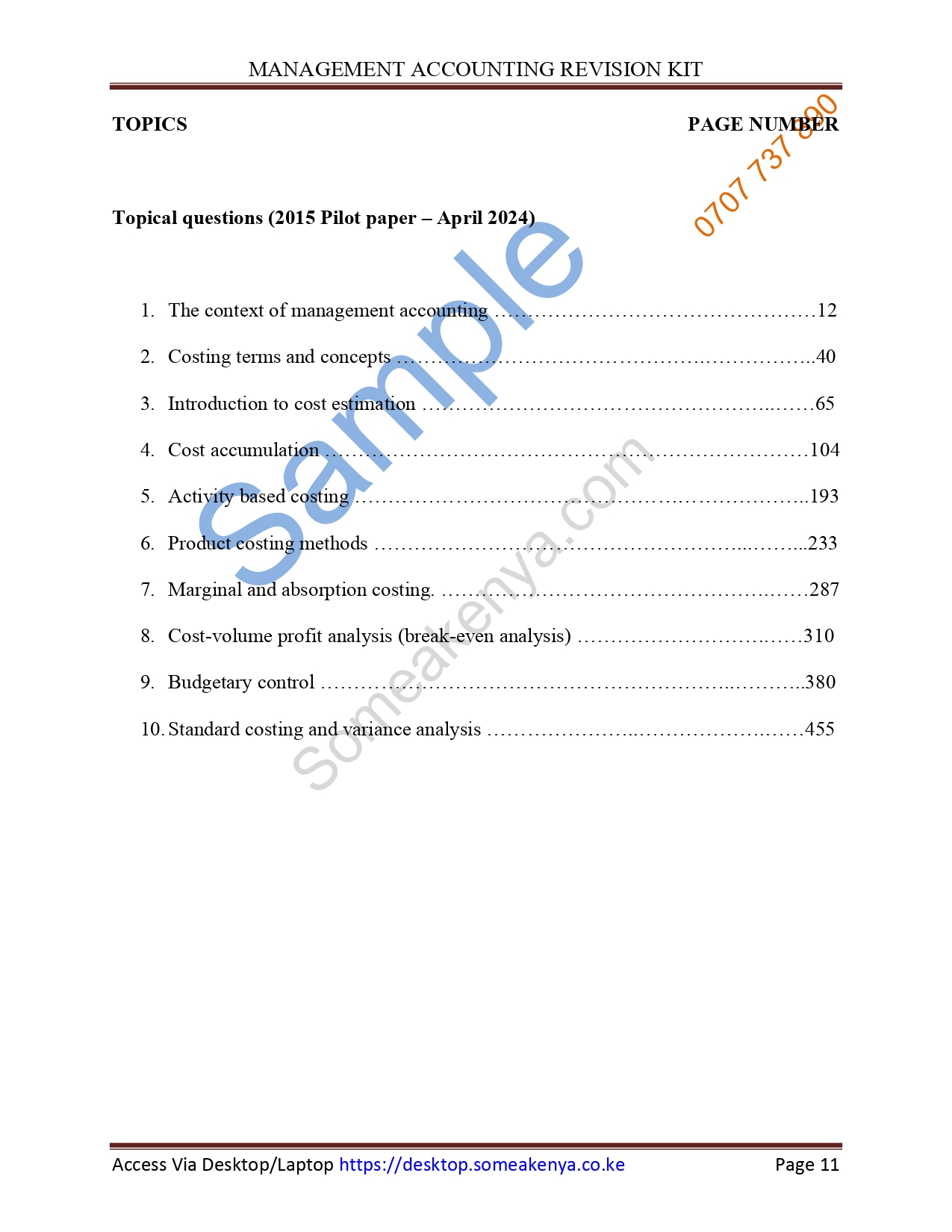 Management Accounting Revision Kit