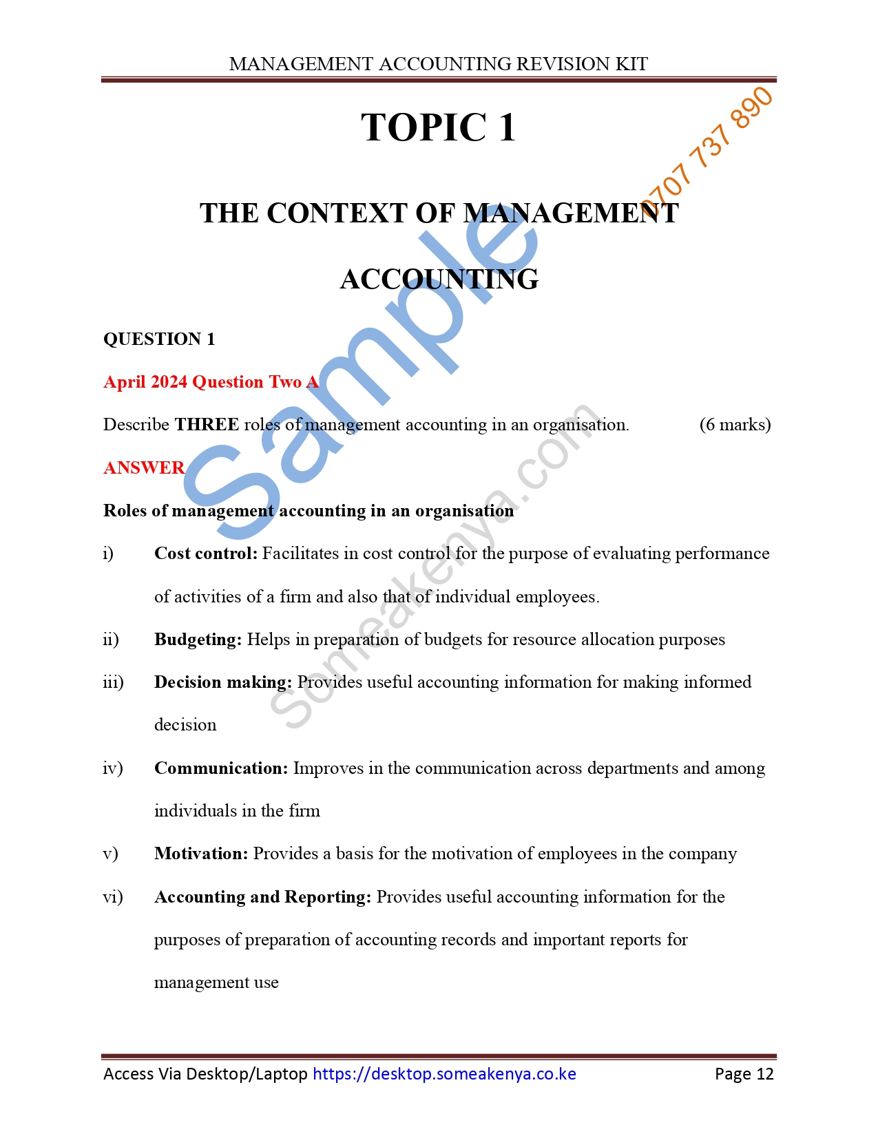 Management Accounting Revision Kit