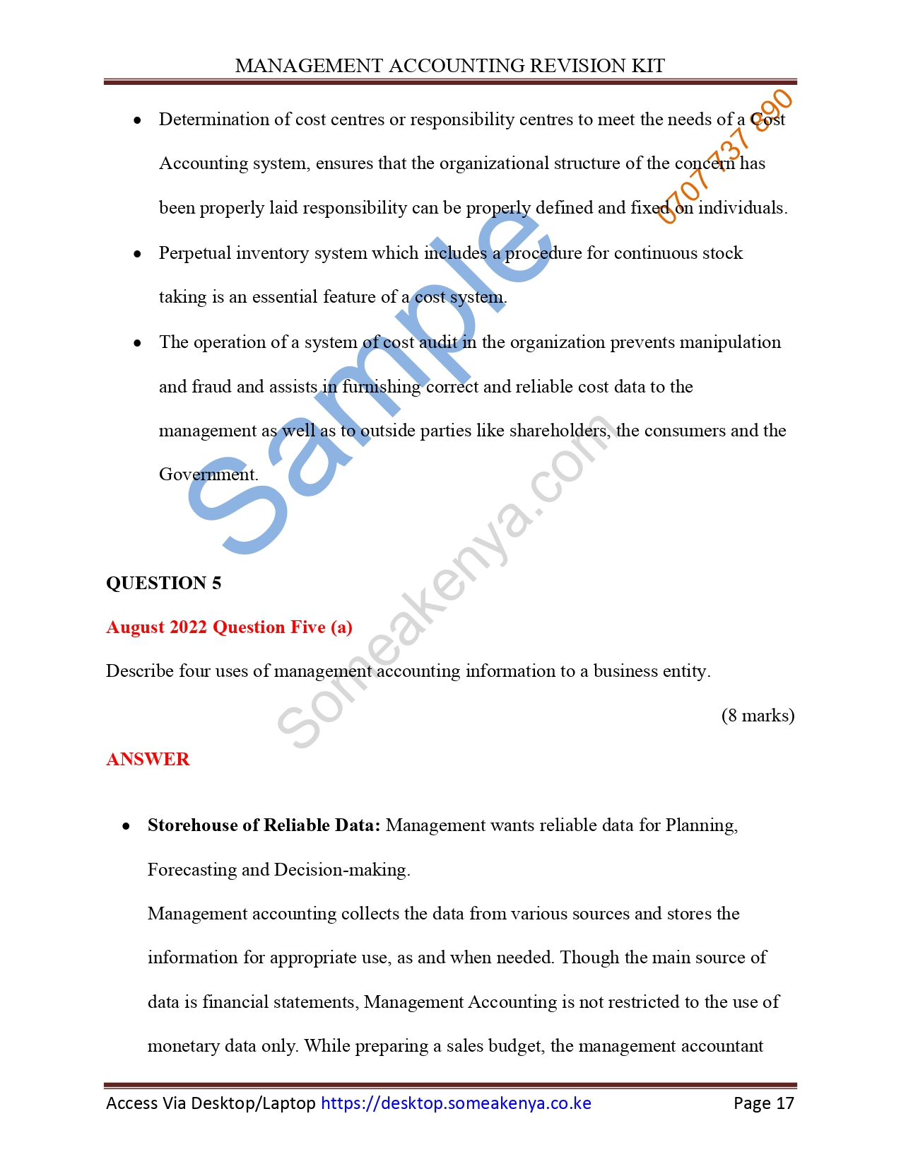 Management Accounting Revision Kit